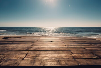 Fototapeta na wymiar Sun-Kissed Shoreline: Minimalist Wooden Table by the Seaside. AI Generated.