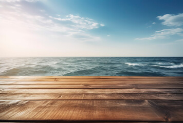 Fototapeta premium Simplicity by the Sea: Minimalist Wooden Table in Sunlight. AI Generated.
