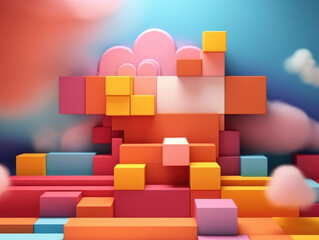 abstract background with colorful cubes and clouds in sky. product podium. ai Generative AI