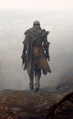 Obraz premium medieval knight walking down a barren fantasy battle filed. 