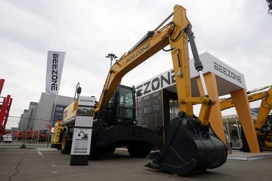 Moscow, Russia - May 2023: Samples of modern construction equipment are presented at the international exhibition.