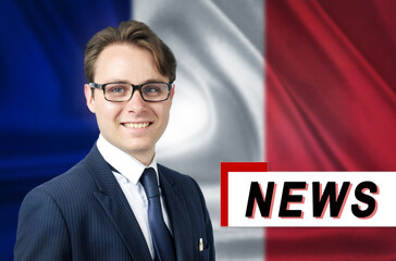 News anchor, tells the latest news, smiling, against the background of the flag of France