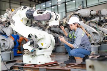 Female technician programs a robot arm with a digital tablet and assembly robot in a factory....