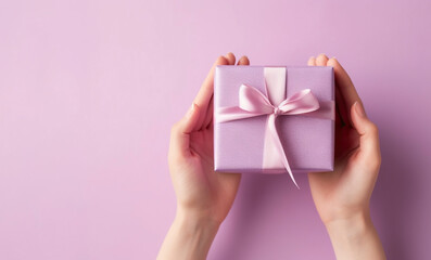 Woman's hands holding gift or present box on pink pastel background, top view. Generative AI