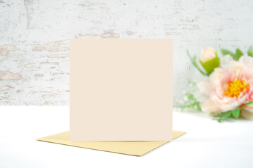Square greeting card, party invitation and envelope. Wedding, baby shower, birthday, mother's day stationery product mockup. Shabby chic, modern farmhouse styling.