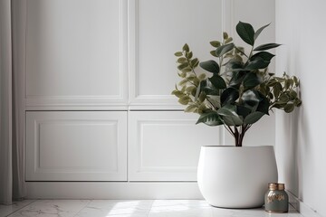 fake plant in a pot on a white cabinet with space for text below it in a white interior. Generative AI