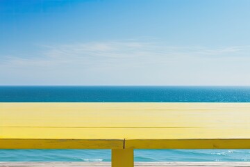 Fototapeta na wymiar Summer day, yellow wood desk, and sea sky. Generative AI