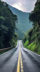 Fototapeta premium A Black Asphalt Road Leading Into The Mountains During Summer