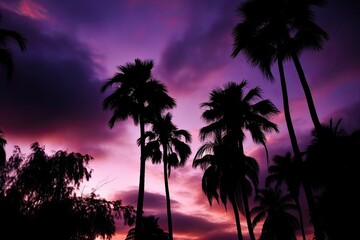Obraz premium Pink sunset on a tropical beach with silhouetted coconut palm palms. Generative AI
