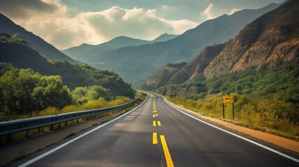 Fototapeta premium A Black Asphalt Road Leading Into The Mountains During Summer