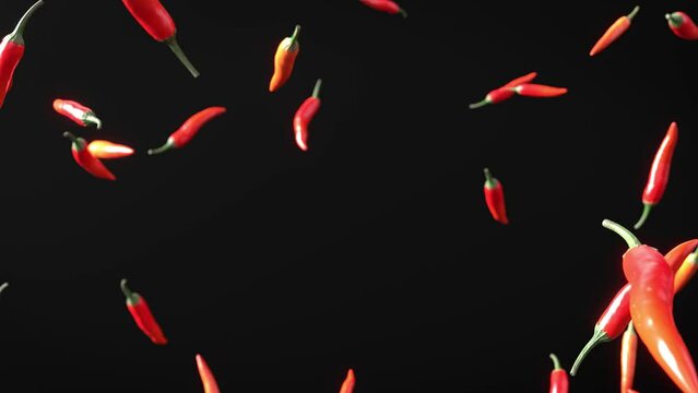 Falling red chili peppers on the dark black background. 4K UHD 3840x2160 3D professional render high quality.