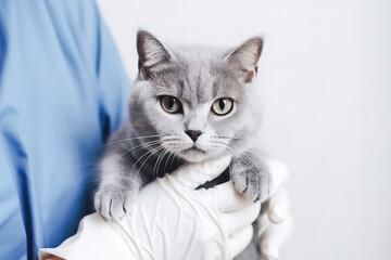Grey british cat on hands veterinarian doctor in veterinary clinic , generative ai.