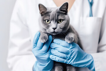 Grey british cat on hands veterinarian doctor in veterinary clinic , generative ai.