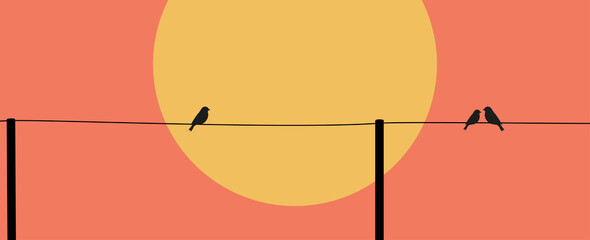 Vögel sitzen auf einer Leitung bei Sonnenuntergang