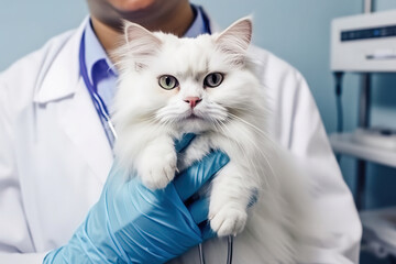white fluffy Cat on hands veterinarian doctor in veterinary clinic , generative ai.