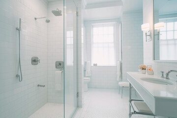 Fototapeta na wymiar Tropical shower in the shower stall in a white bathroom