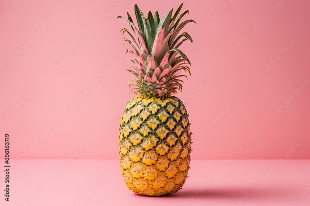 Sticker pink pineapple on a yellow background. minimalist style. the concept of food. generative ai