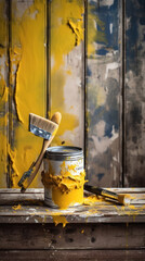 A Can of Yellow Paint and Brush for DIY Project