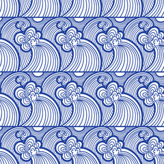vector contemporary blue wave lines asian style seamless pattern on white
