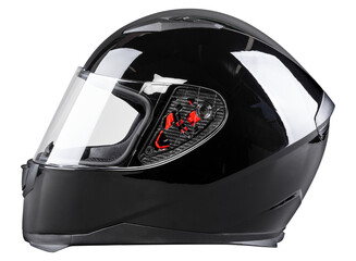 black  motorcycle carbon integral crash helmet isolated white background. motorsport car kart racing transportation safety concept