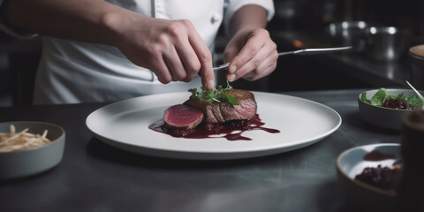 Gourmet Delight: Chef's Artistry Revealed in Plating Sliced, Seared Venison in a Professional Kitchen. AI Genereted