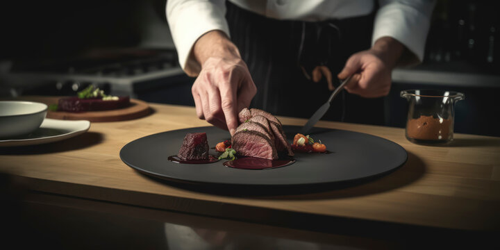 Gourmet Delight: Chef's Artistry Revealed in Plating Sliced, Seared Venison in a Professional Kitchen. AI Genereted