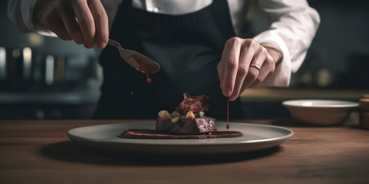 Gourmet Delight: Chef's Artistry Revealed in Plating Sliced, Seared Venison in a Professional Kitchen. AI Genereted