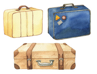 Suitcase watercolor illustrations. Travel cases isolated on white background. Set of 3 watercolor suitcases