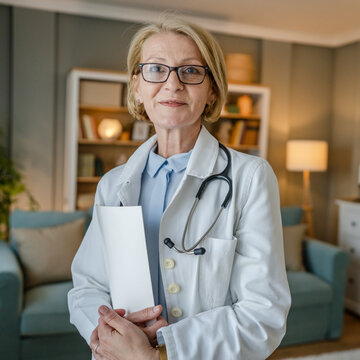 Portrait Of One Mature Blonde Caucasian Woman Doctor Medic Home Visit