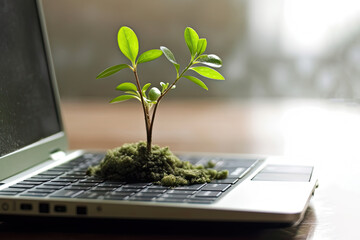 Environmental friendly concept tree growing from laptop sustainability ecology problems