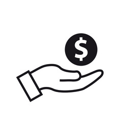 Icono de mano con moneda de dólar sobre un fondo blanco liso y aislado. Vista de frente y de cerca. Copy space - obrazy, fototapety, plakaty