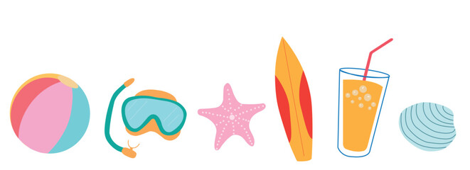 Banner de verano con accesorios para la playa de colores. Vista de frente y de cerca. Icono vector.