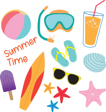 Banner de verano con accesorios para la playa de colores. Icono vector