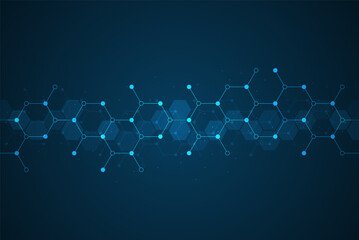 Hexagons pattern on blue background. Genetic research, molecular structure. Chemical engineering. Concept of innovation technology. Used for design healthcare, science and medicine background