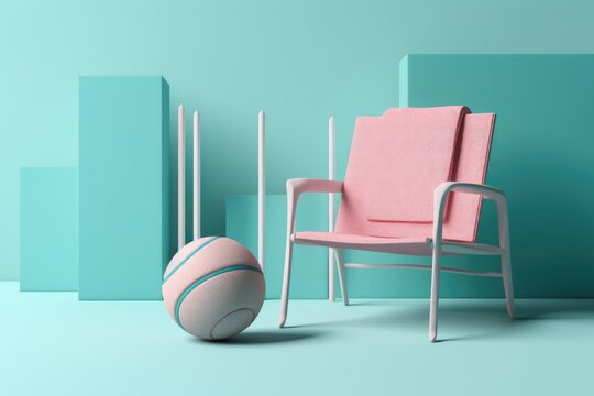 Pink beach chair with volleyball ball on a pastel blue backdrop. The notion of minimalism. . Generative AI