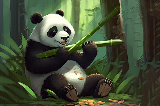 Cute cartoon style panda in the bamboo forest