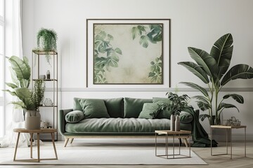 Elegant living room interior design featuring a contemporary sofa, fake poster frame, and fashionable accessories. a wall of eucalyptus. Template. Copy space. Generative AI