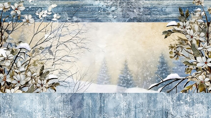 Winter background with forest landscape. Generative AI.