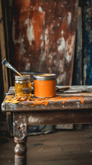 A Can of Orange Paint and Brush for DIY Project