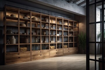 display case with shelves or closet. The room's interior was designed in a loft style. Generative AI