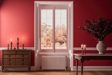 Elegant vacant room with close up of the window, traditional shutters, glass vase holding flowers, and white radiator. Interior design concept idea mockup on a red wall with copy space. Generative AI