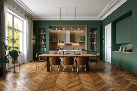 Cuisine moderne dans appartement haussmanien ou h&ocirc;tel particulier, murs verts