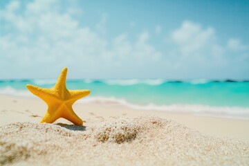 Fototapeta na wymiar Summer beach with a blurred sea in the backdrop. Generative AI