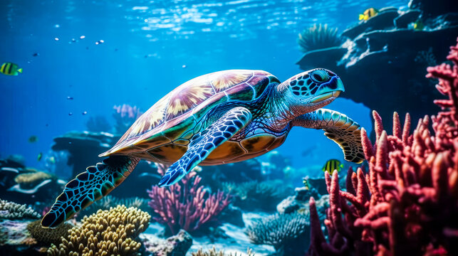 Underwater world. Corals. Turtle. Depth. image for 3d floor. Dive into the underwater world. Ai generated