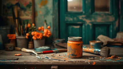 A Can of Terra Cotta Paint and Brush for DIY Project