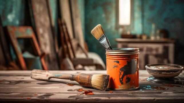 A Can of Terra Cotta Paint and Brush for DIY Project