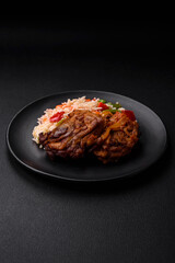 Delicious boiled rice with peppers, peas, asparagus beans and carrots and fried chicken