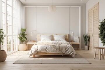 Front view of a light colored bedroom interior with a bed, bedside tables, houseplants, and an oak flooring floor. minimalist design principle. Room for original thought. a mockup. Generative AI