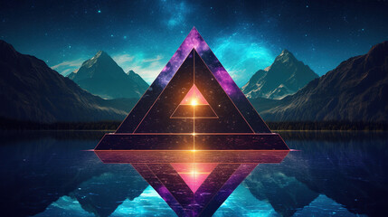 abstract virtual landscape with blue rocks and mountains. Surreal wallpaper, fantastic background with triangular portal. Ai Generative