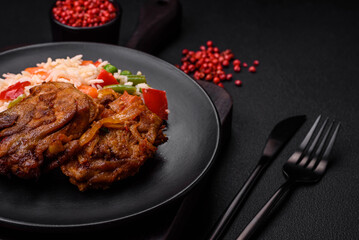 Delicious boiled rice with peppers, peas, asparagus beans and carrots and fried chicken